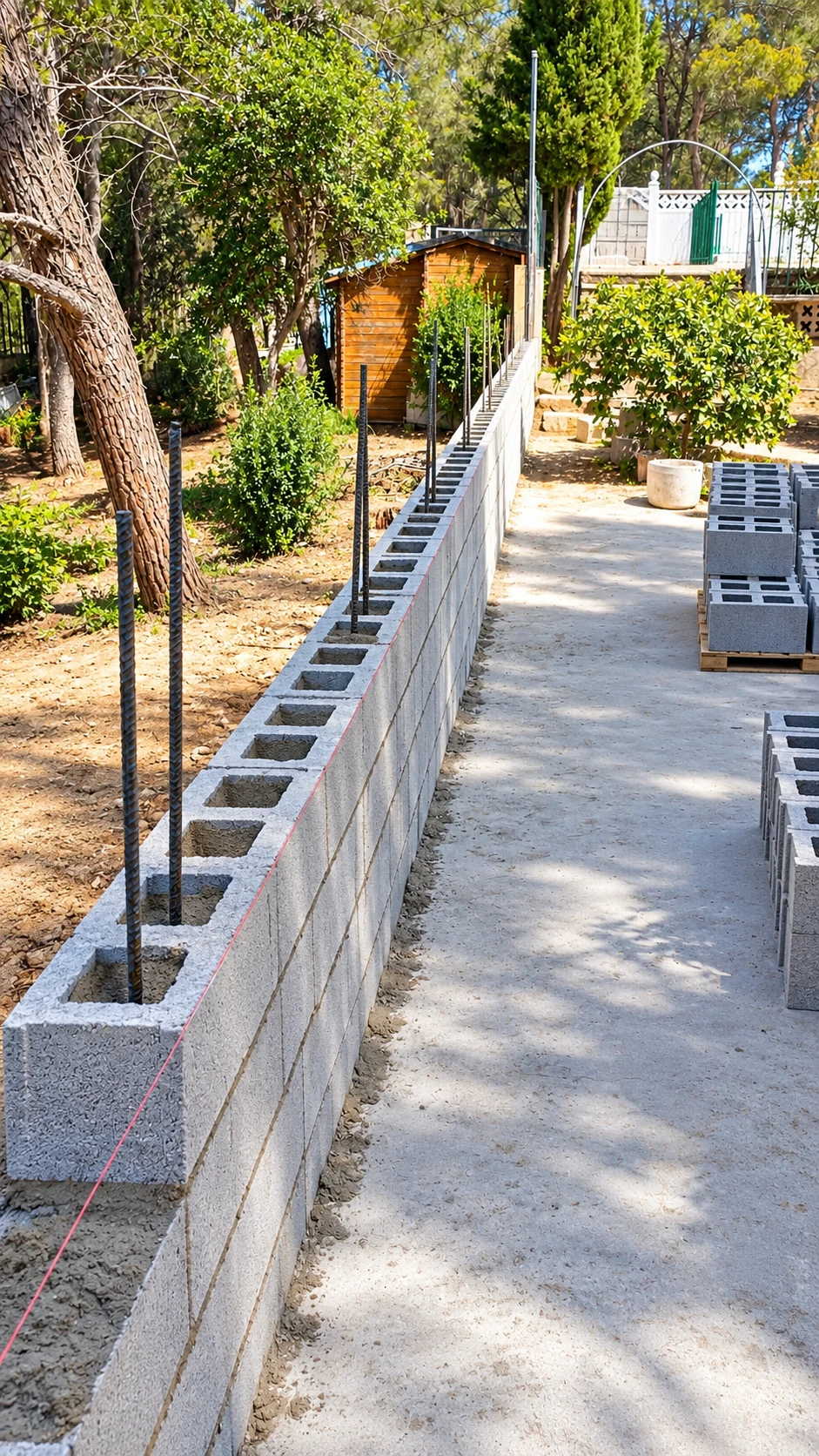 Muro de bloques en construcción en una parcela, con varillas y cuerda de alineación