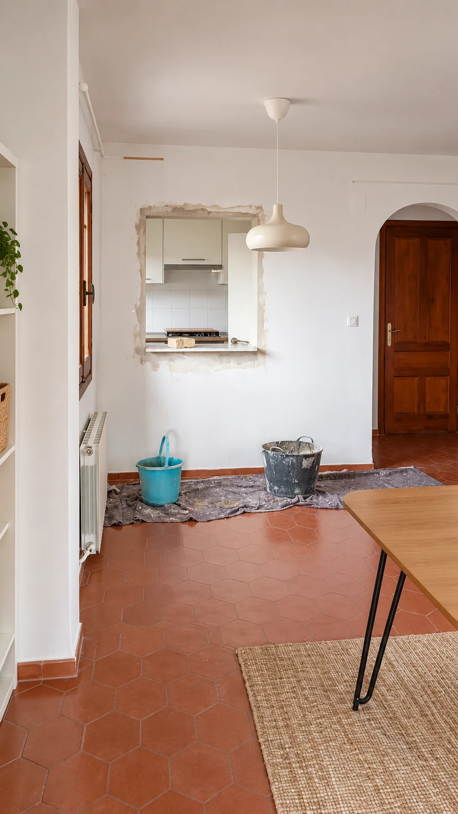 Hueco abierto hacia la cocina con bordes sin terminar y materiales de trabajo
